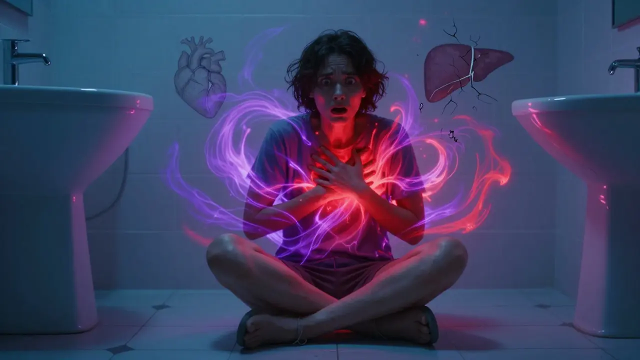 Junge Person mit Panik auf dem Badezimmerboden, umgeben von psychischen Wirkungswellen.