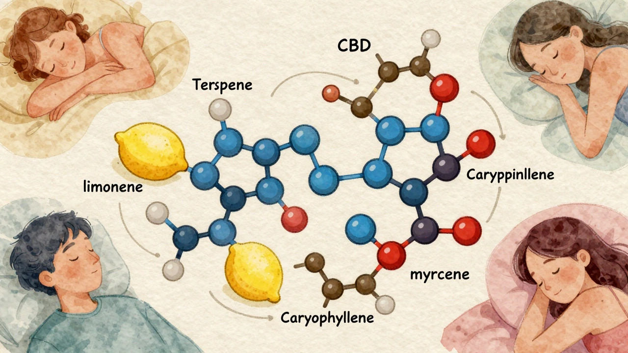 Künstlerische Darstellung der Wechselwirkung von CBD und Terpenen in einem organischen, fließenden Muster.