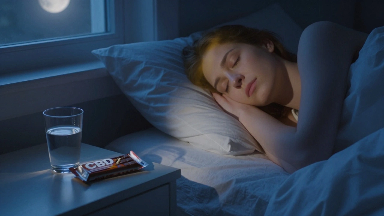 Mensch liegt beruhigt im Bett, neben ihm eine halb gegessene CBD-Schokolade auf dem Nachttisch.