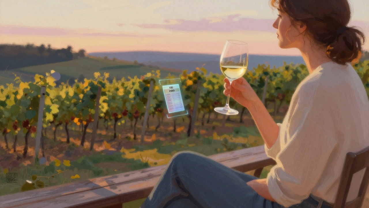 Person genießt CBD-Wein auf einem Weinberg bei Dämmerung in der Pfalz