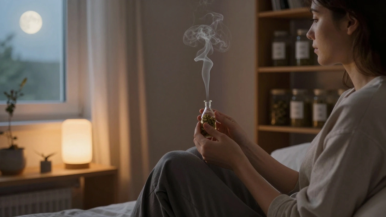 Person in ruhigem Zimmer bei Dämmerung, dampft CBD-Blüten, warmes Licht und beruhigende Atmosphäre.
