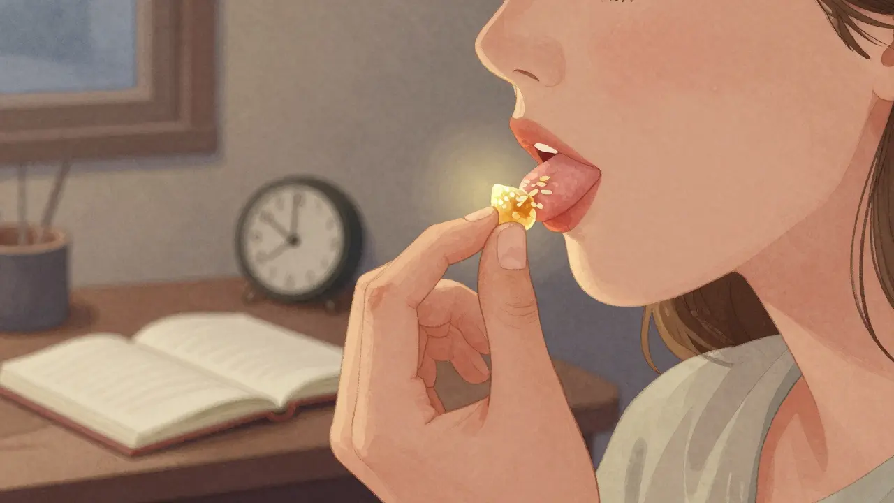 Person legt ein kleines CBD-Resin-Teilchen unter die Zunge in ruhiger Abendatmosphäre.