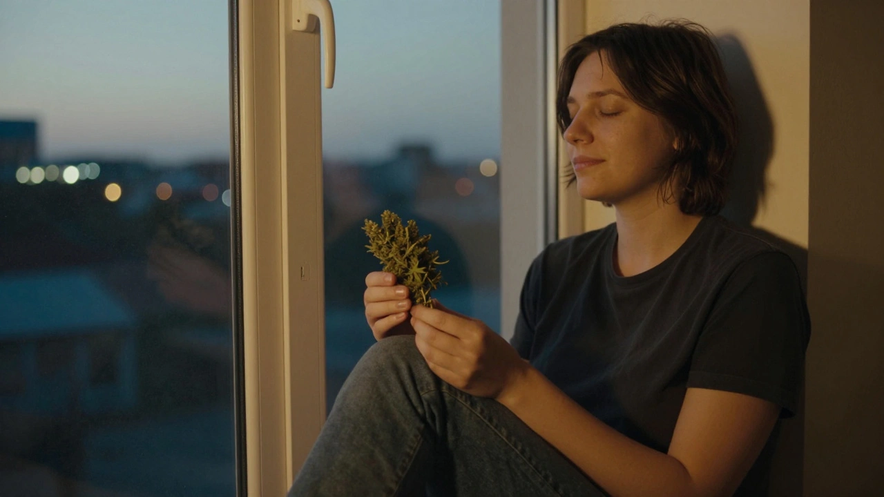 Person sitzt friedlich am Fenster, hält Hanfblüten, entspannt und wachsam
