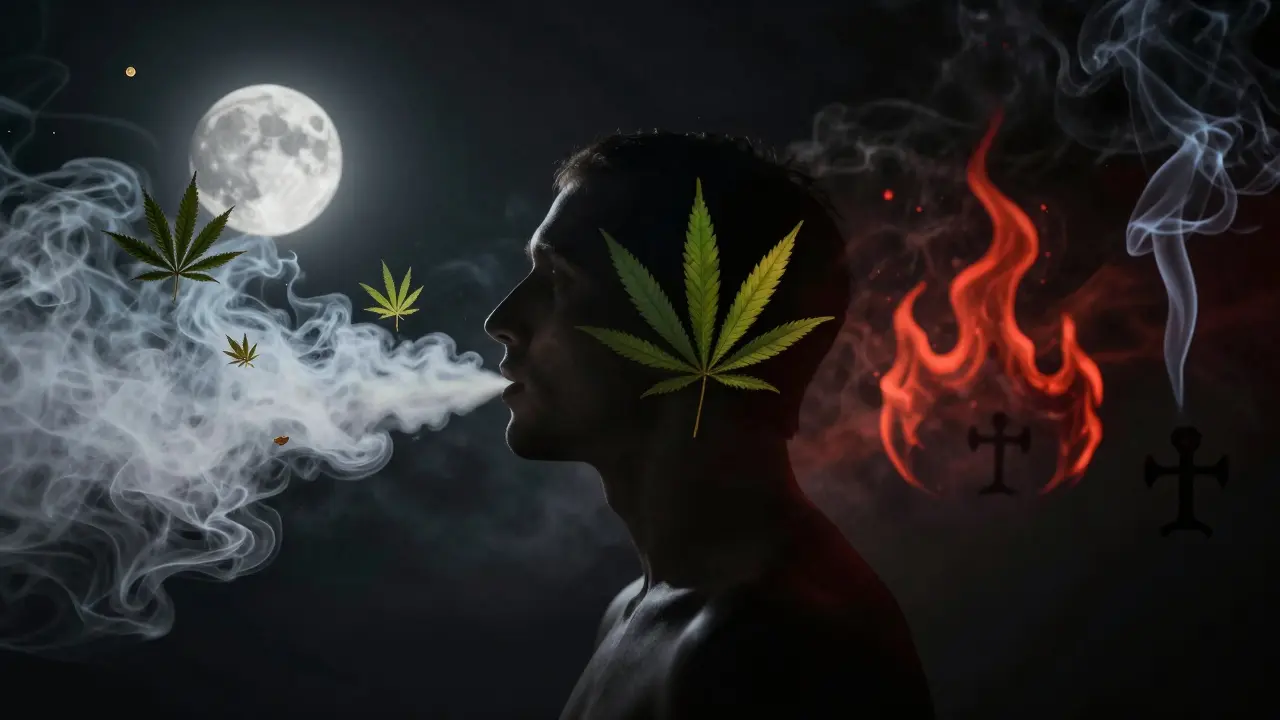 Silhouette atmet CBD-Dampf ein, der sich in beruhigende Naturelemente verwandelt, Feuer verschwindet.