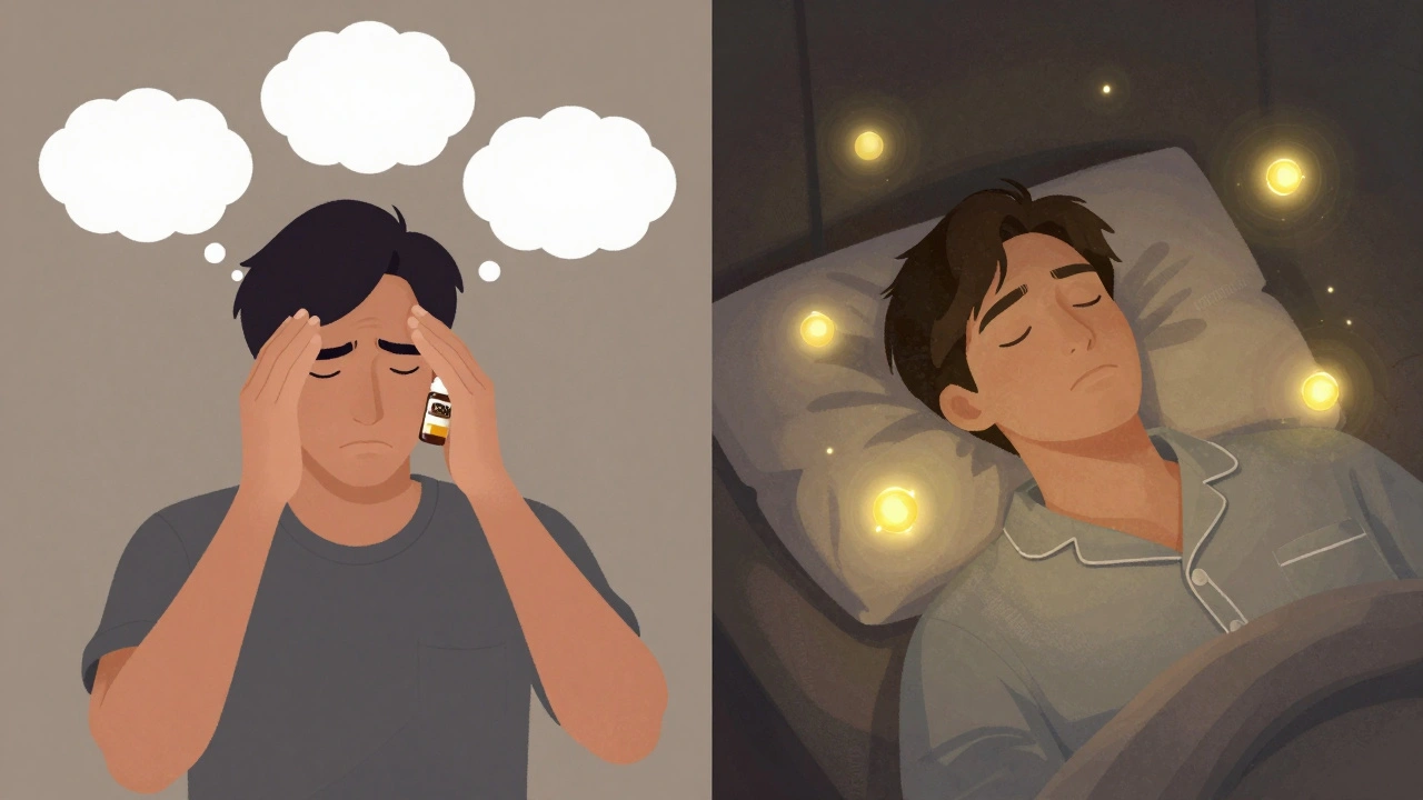 Vergleich: gestresste Person mit CBD tagsüber vs. entspannte Person mit CBN nachts.