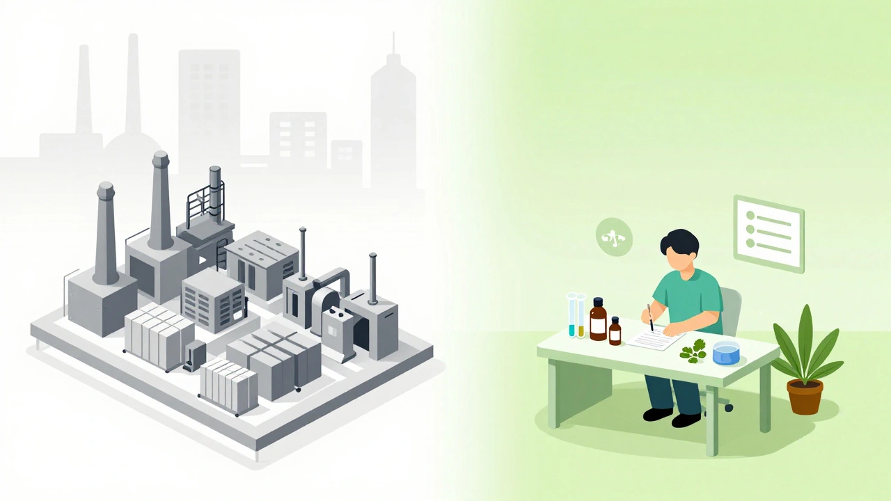 Vergleich: Großproduktion für Menschen vs. kleine Herstellung für Tiere.
