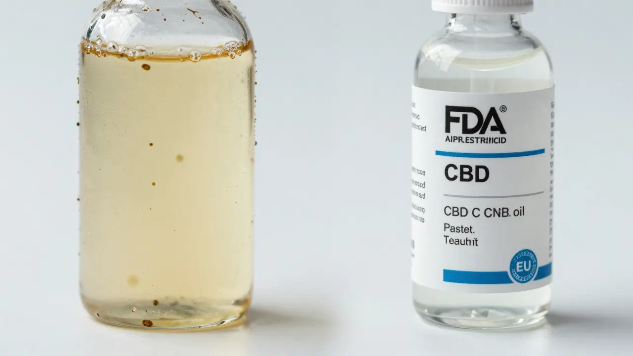 Vergleich: unsichere selbstgemachte Tinktur neben zertifiziertem CBD-Öl mit klarem Etikett.