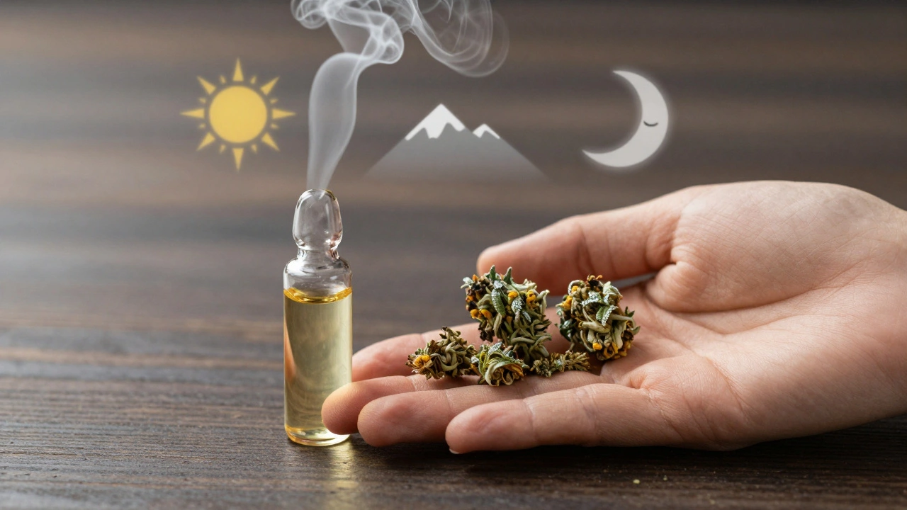 Vergleich von CBD-Öl und CBD-Blüten mit Dampf, der beruhigende Symbole formt.