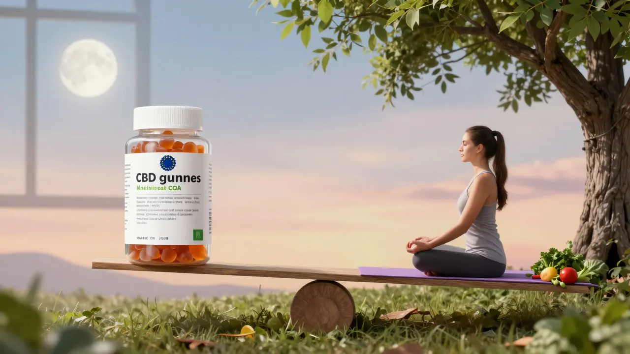 Waage mit CBD-Produkt und natürlicher Entspannung als gegensätzliche Optionen.