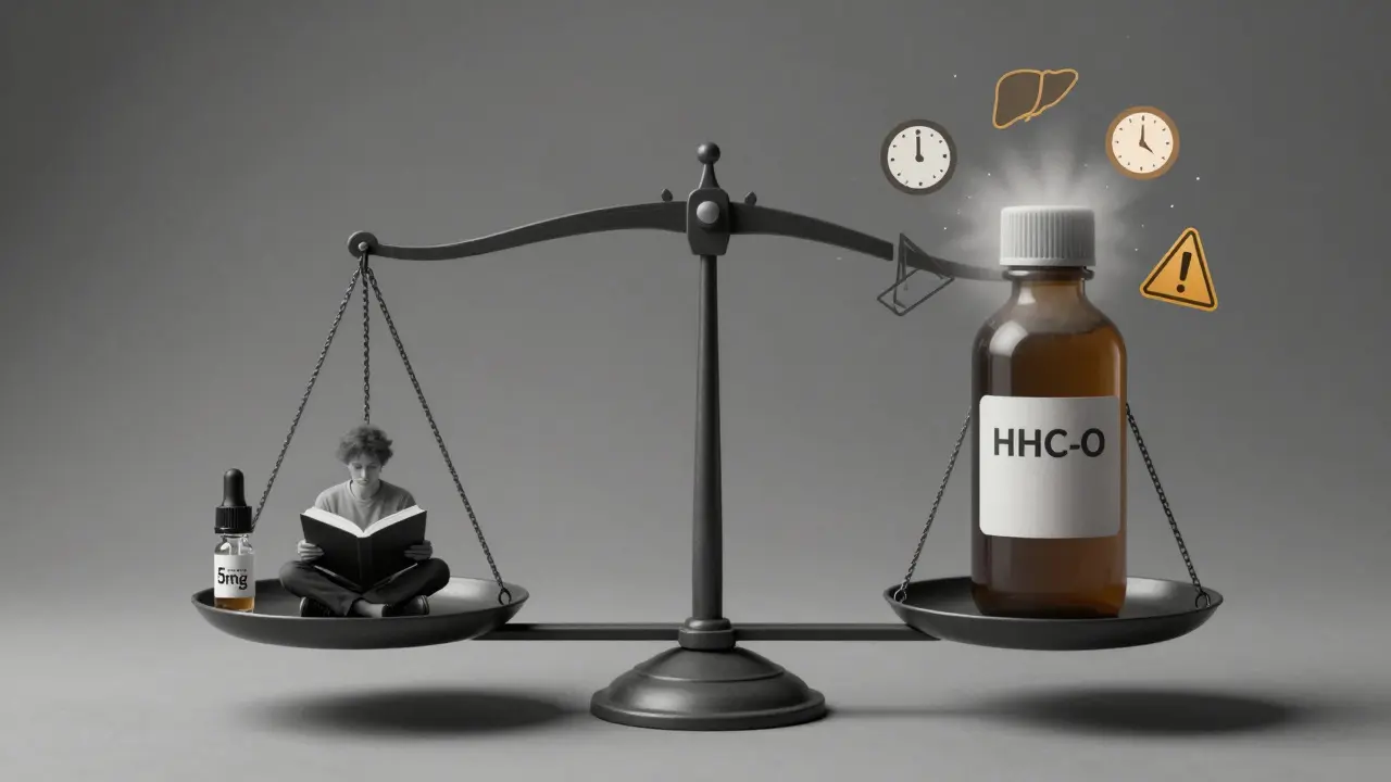 Waage vergleicht niedrige und hohe HHC-O-Dosis mit unterschiedlichen Wirkungen.