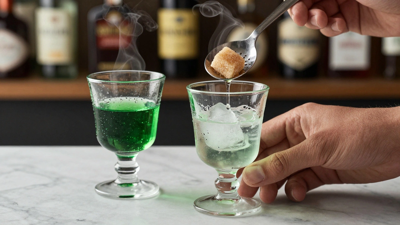 Zwei Absinthgläser, eines pur, eines mit Wasser geträufelt, mit Zuckerwürfel und Kondenswasser.