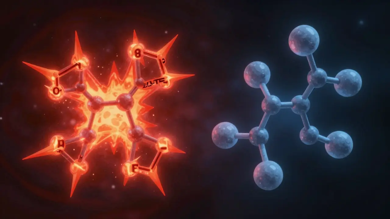 Zwei chemische Molekülstrukturen, Delta-9 und Delta-8, in unterschiedlichen Farben und Energieformen dargestellt.