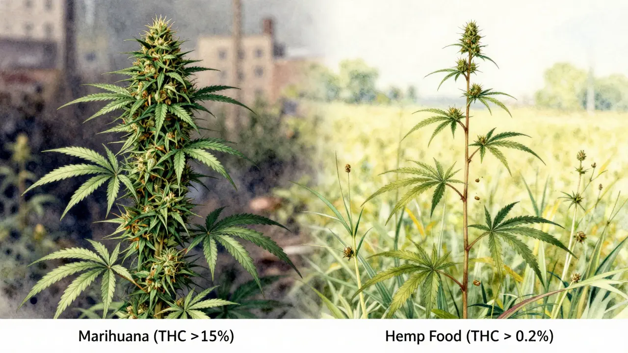 Zwei Hanfpflanzen nebeneinander: eine mit blühenden Knospen, eine mit Samenkapseln – Unterschied in THC-Gehalt.