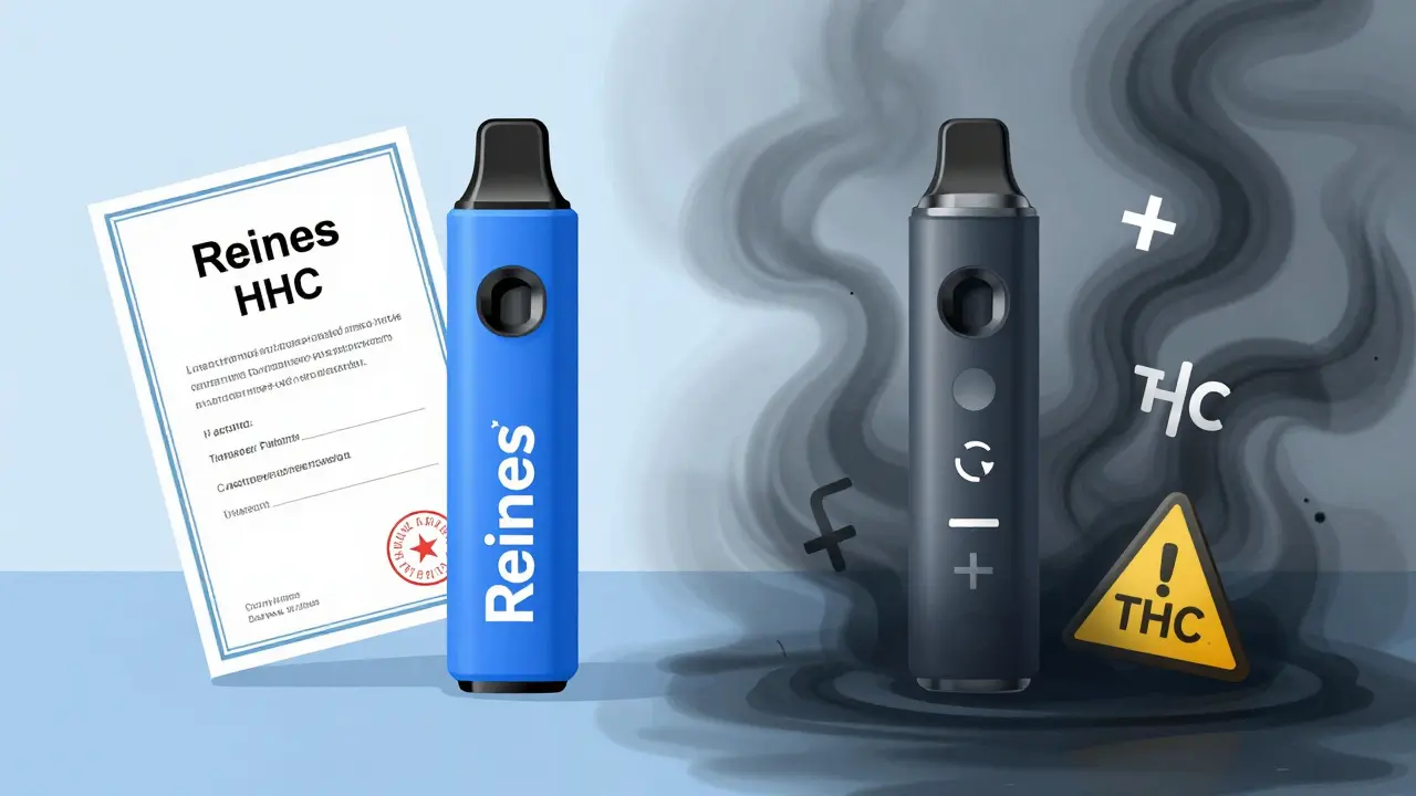 Zwei Vape-Sticks nebeneinander: einer rein und klar, der andere verunreinigt mit warnenden Symbolen.