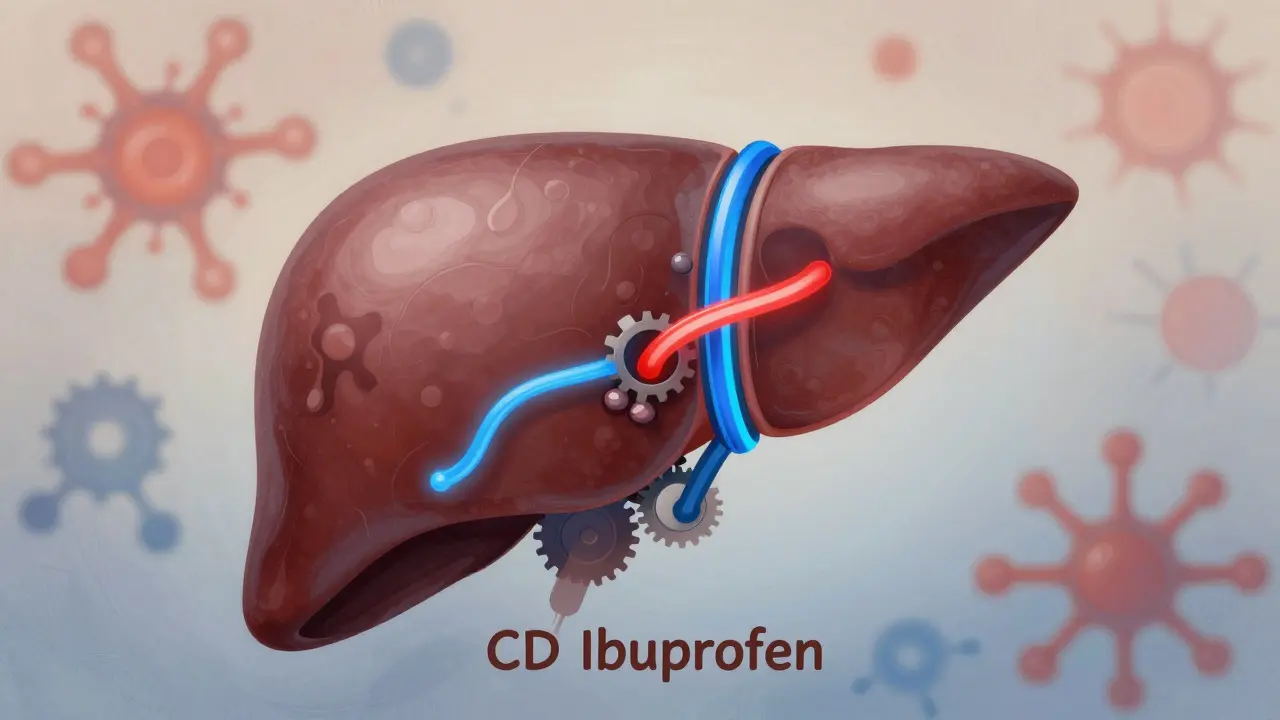 Abstrakte Darstellung der Leber mit verlangsamtem Abbau von Ibuprofen durch CBD, als mechanisches System.