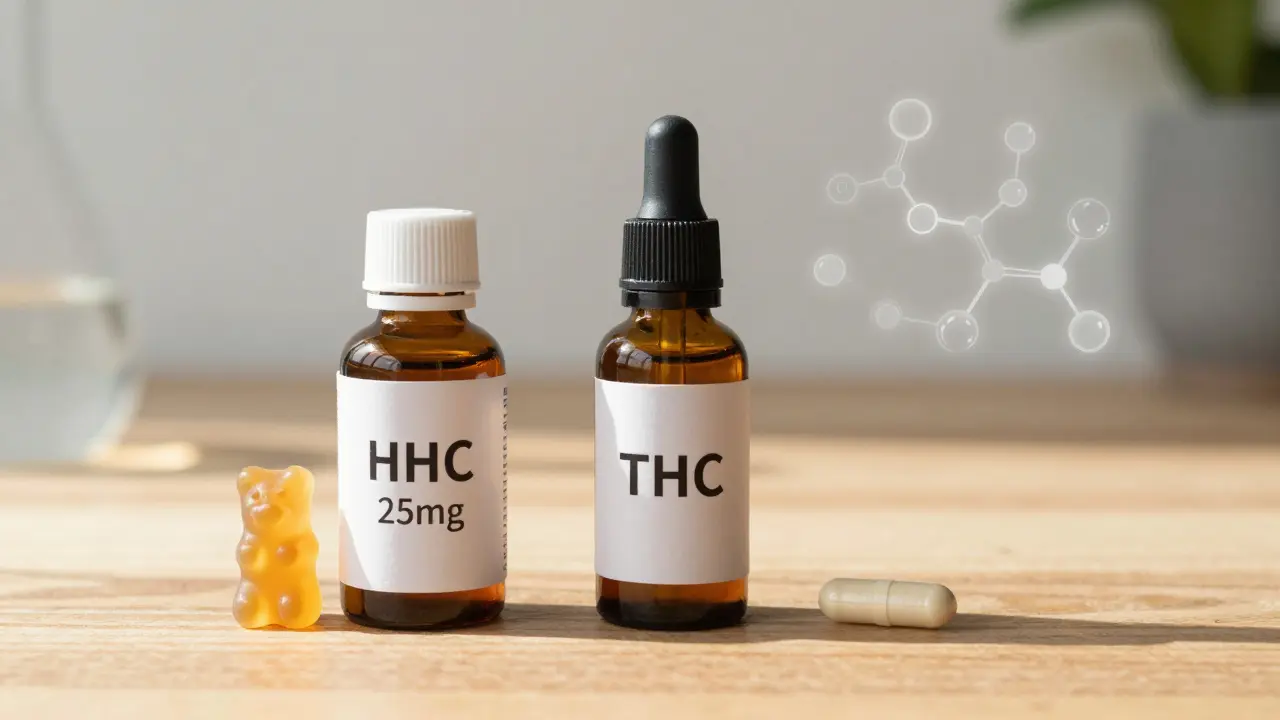Drei Cannabinoid-Produkte – HHC-Gummibärchen, THC-Öl und CBD-Kapsel – auf Holztisch mit natürlichem Licht.