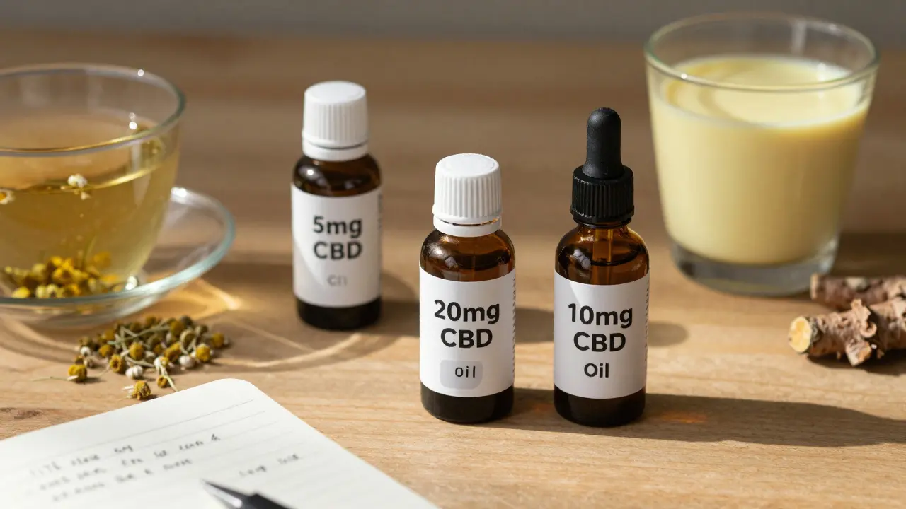 Drei CBD-Getränkeflaschen mit Laborzertifikat, Tee und Notizen auf Holztisch, natürliches Licht.