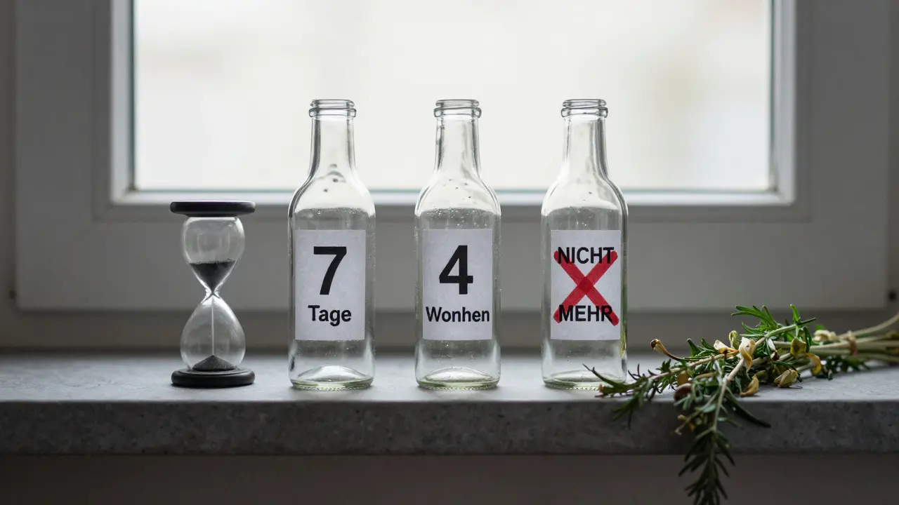 Drei Flaschen mit unterschiedlichen Einnahmedauern und eine zerbrochene Sanduhr als Warnsymbol.