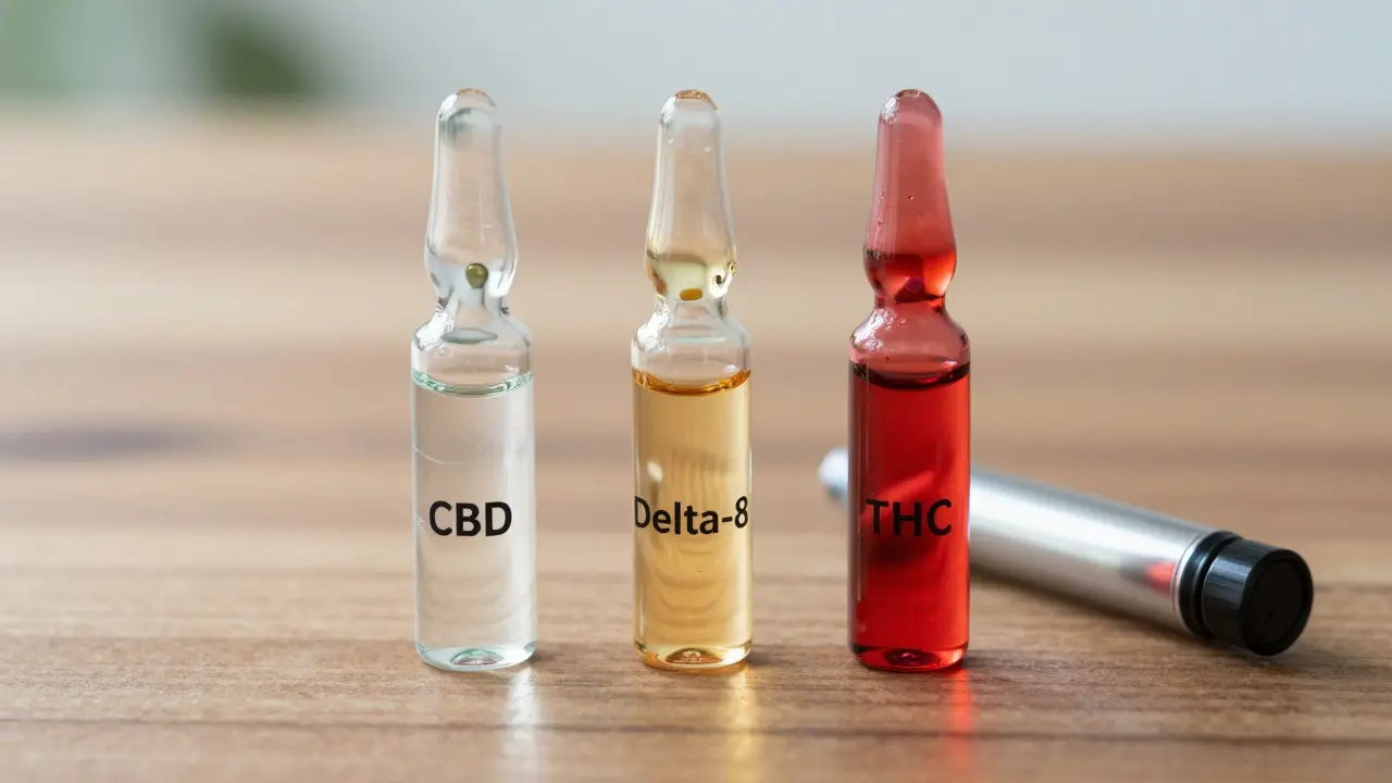 Drei transparente Gefäße mit unterschiedlichen Wirkstoffen – CBD, Delta-8 und THC – nebeneinander auf Holz, ohne Beschriftung.