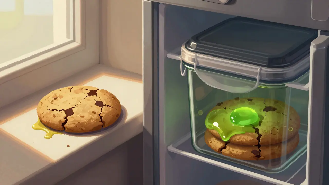 Ein CBD-Cookie auf der Fensterbank verdirbt, während derselbe Cookie im Kühlschrank frisch bleibt, dargestellt als vergleichende Szene.