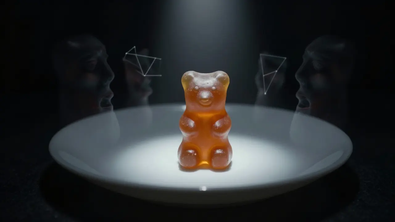 Ein einzelnes Delta-8-Gummibärchen auf weißem Teller, mit schwebenden, verzerrten Gesichtern in der Luft.