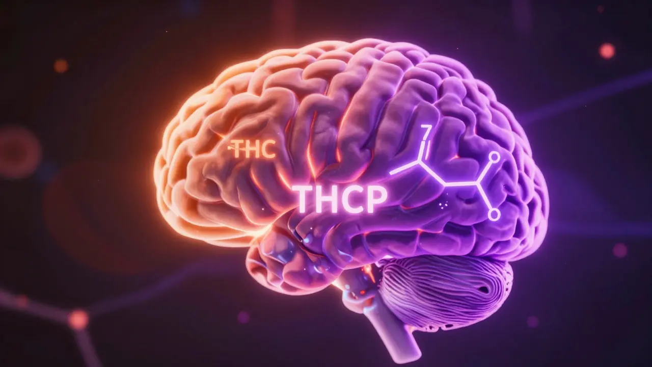 Ein Gehirn mit zwei unterschiedlichen Cannabinoid-Wegen: THC in Orange, THCP in Violett, stark verbunden mit Rezeptoren.