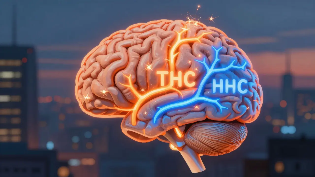 Ein Gehirn mit zwei unterschiedlichen Wirkwegen: THC (orange, intensiv) und HHC (blau, ruhig).