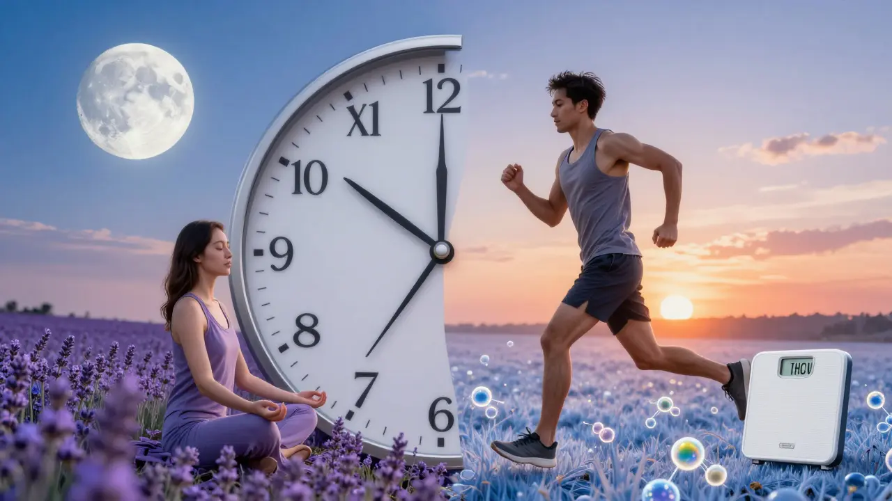 Ein Uhrzeiger teilt sich: eine Seite zeigt Entspannung, die andere Energie und Bewegung bei Sonnenaufgang.