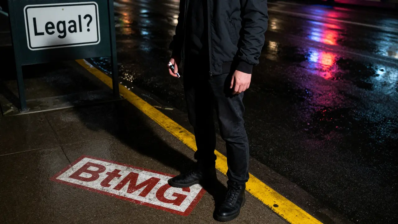 Eine Person mit einem HHC-Vape an einer Grenze zwischen Licht (legal?) und Schatten (BtMG).