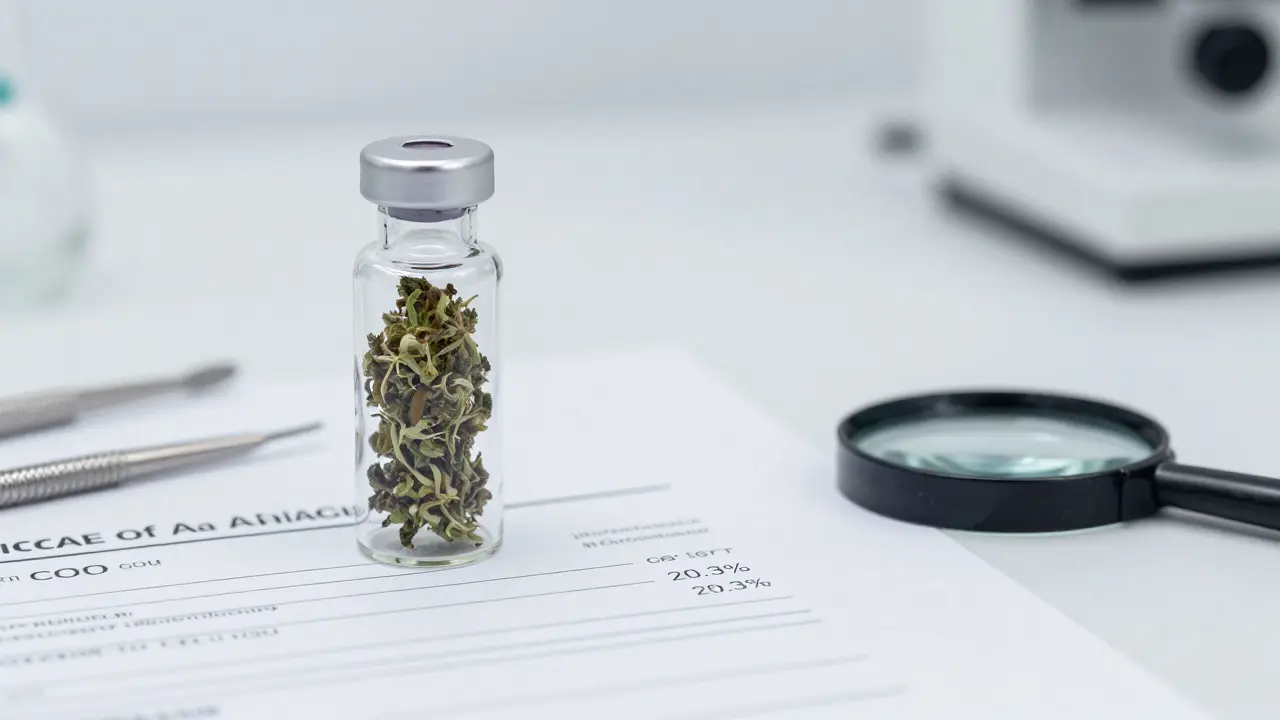 Glasbehälter mit Hanfblüten neben einem Laborzertifikat mit CBD-Konzentration, in klinischer Umgebung.