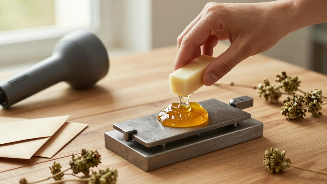 Händisch gepresstes Rosin aus Hanfblüten mit Haartrockner und Holztisch