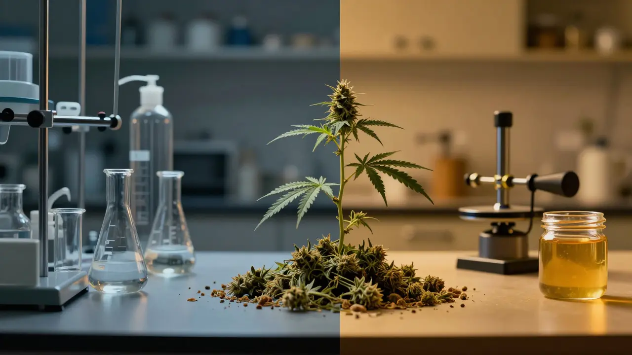 Kontrast: Laborproduktion von Shatter links, natürliche Rosin-Herstellung rechts