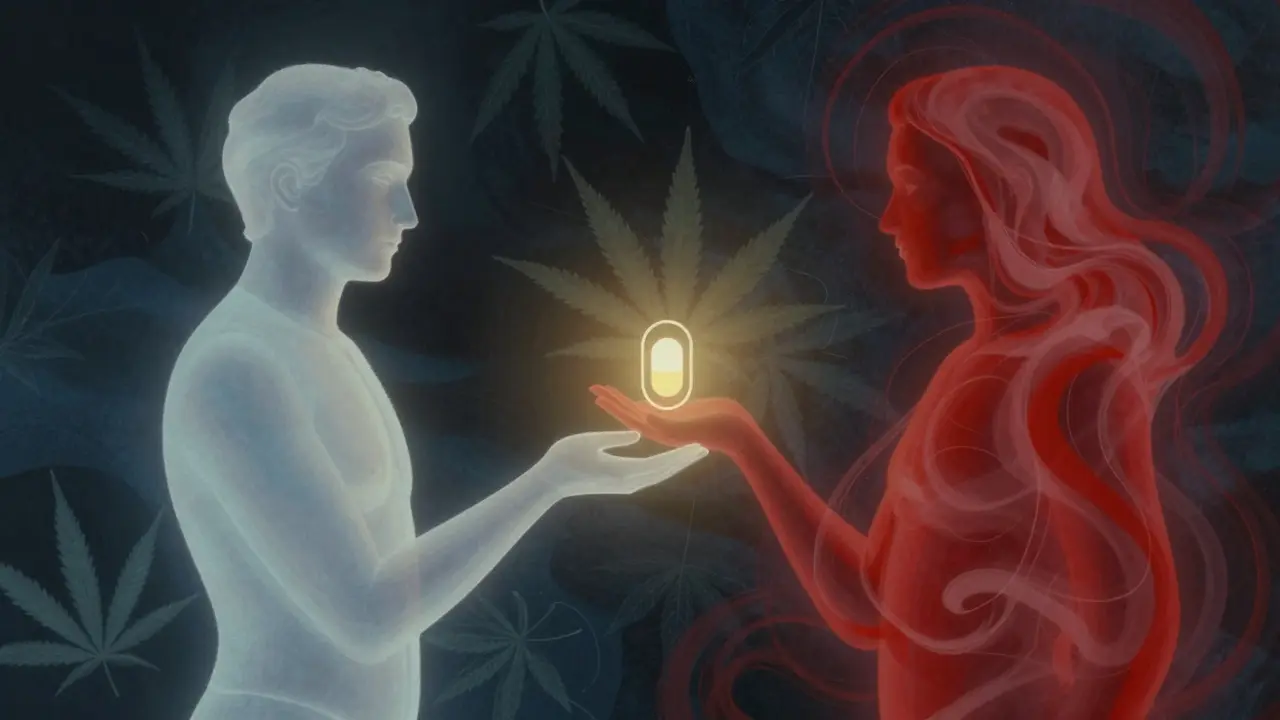 Künstlerische Darstellung von CBD, das THC beruhigt, symbolisch und surrealistisch