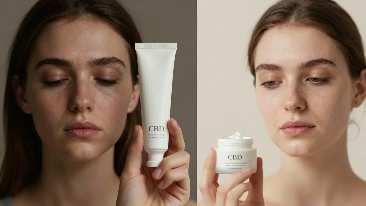 Leere CBD-Creme-Tube neben einer beruhigenden Ceramid-Creme, symbolisierend vernünftige Pflege.