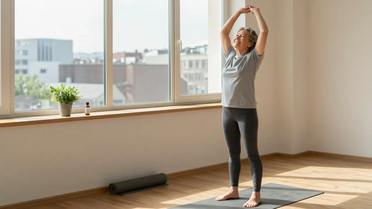 Mensch mit Arthritis streckt sich morgens schmerzfrei, CBG-Öl steht auf der Fensterbank.