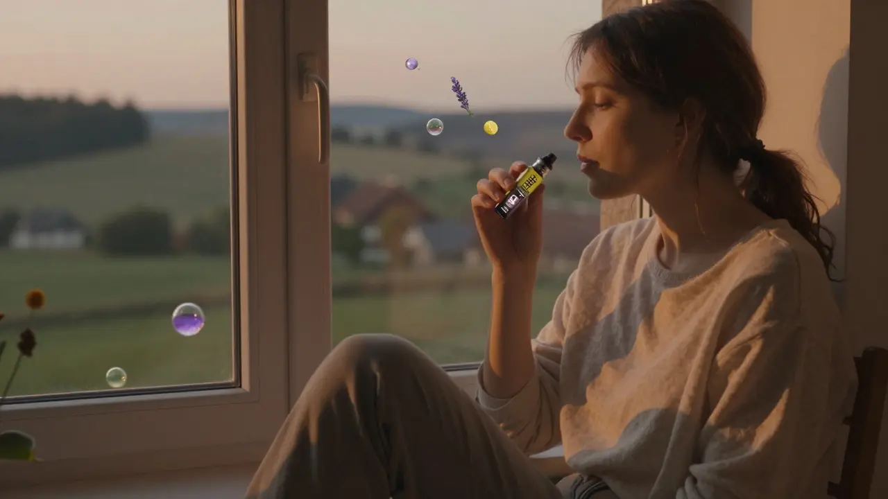 Person entspannt am Fenster mit HHC-Cart, sanfte Terpen-Düfte in der Luft