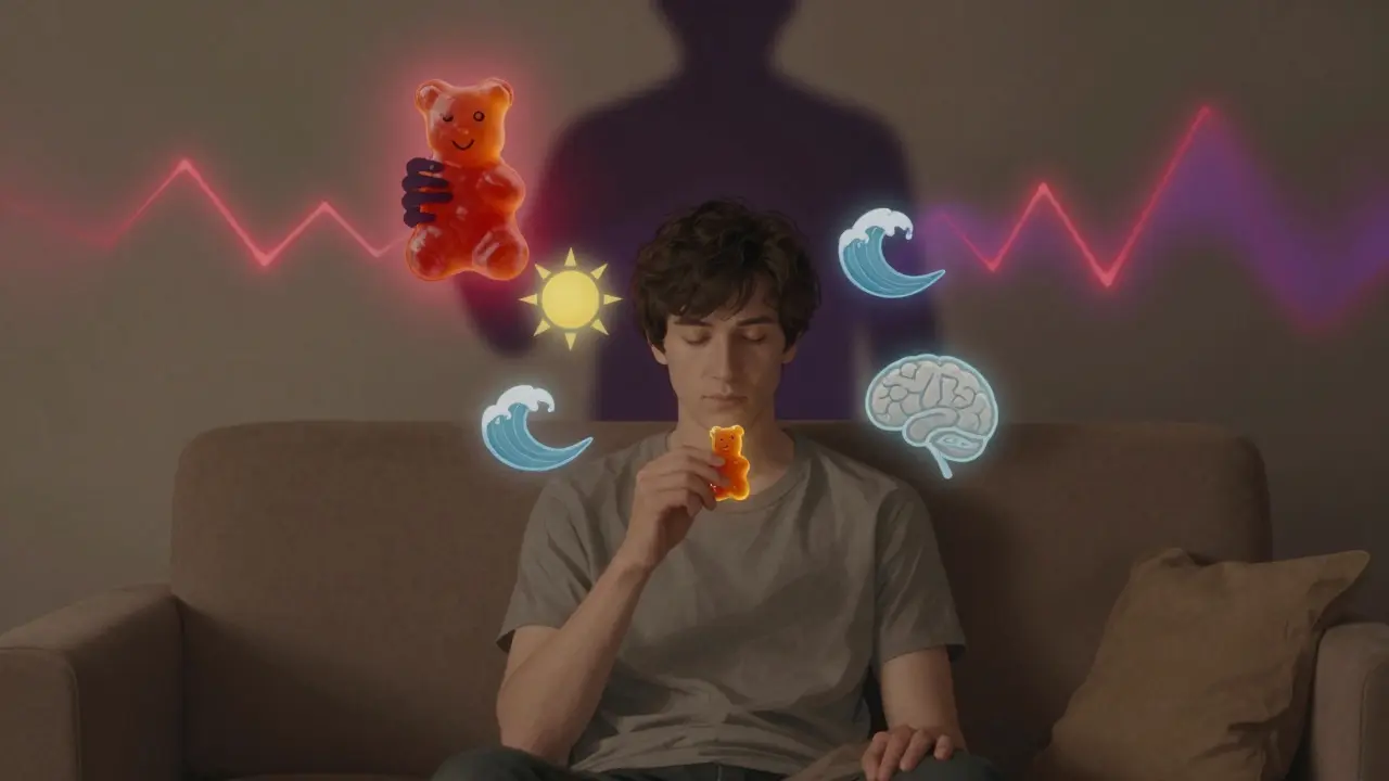 Person entspannt auf Sofa mit Delta-8-Gummibärchen, sanfte symbolische Lichtwellen.