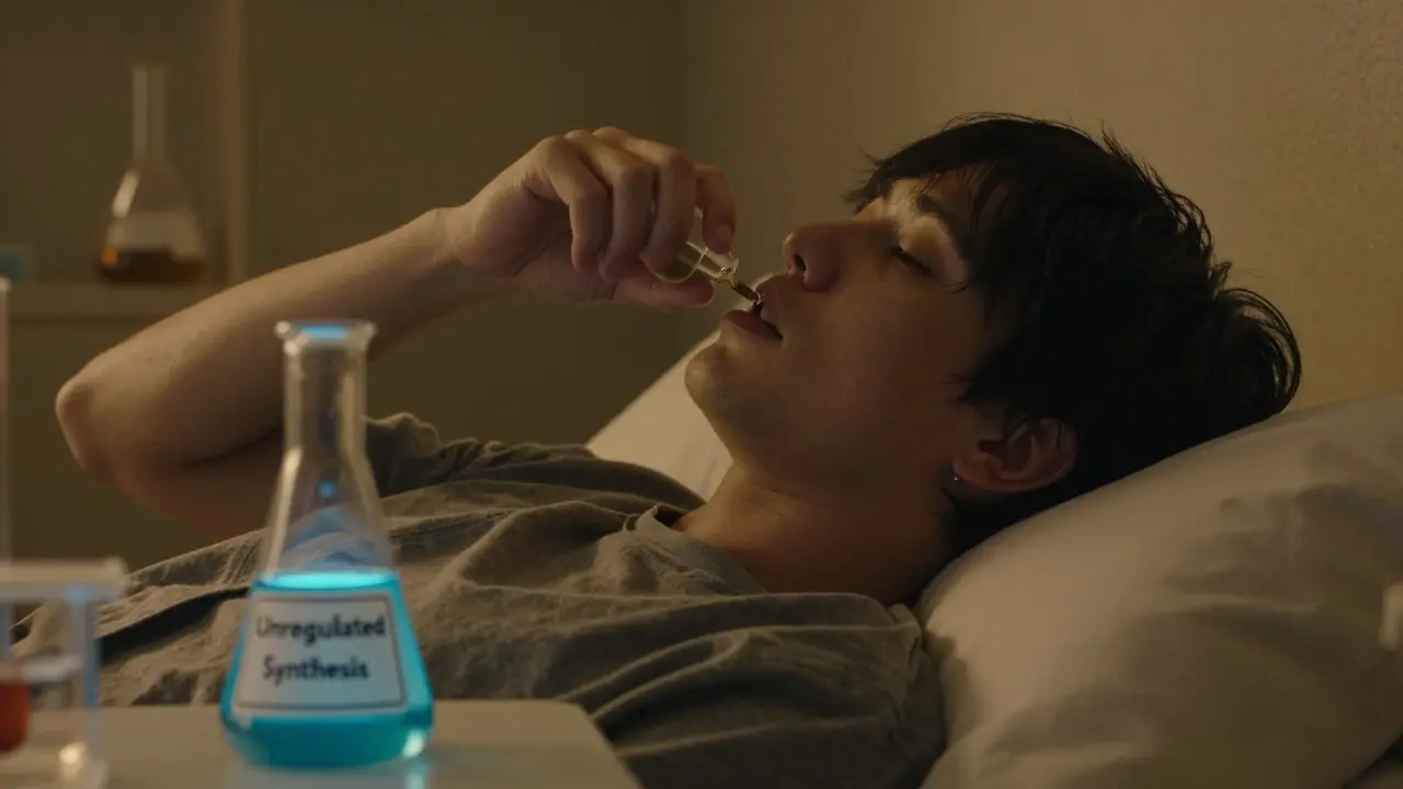 Person entspannt nach HHC-Konsum, neben ihr ein Laborfläschchen mit unregulierter Substanz.