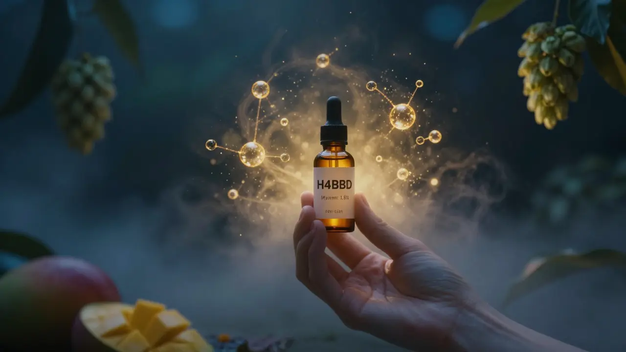 Person hält H4CBD-Öl mit sichtbarem Myrcen-Gehalt, goldenes Terpenlicht strahlt heraus