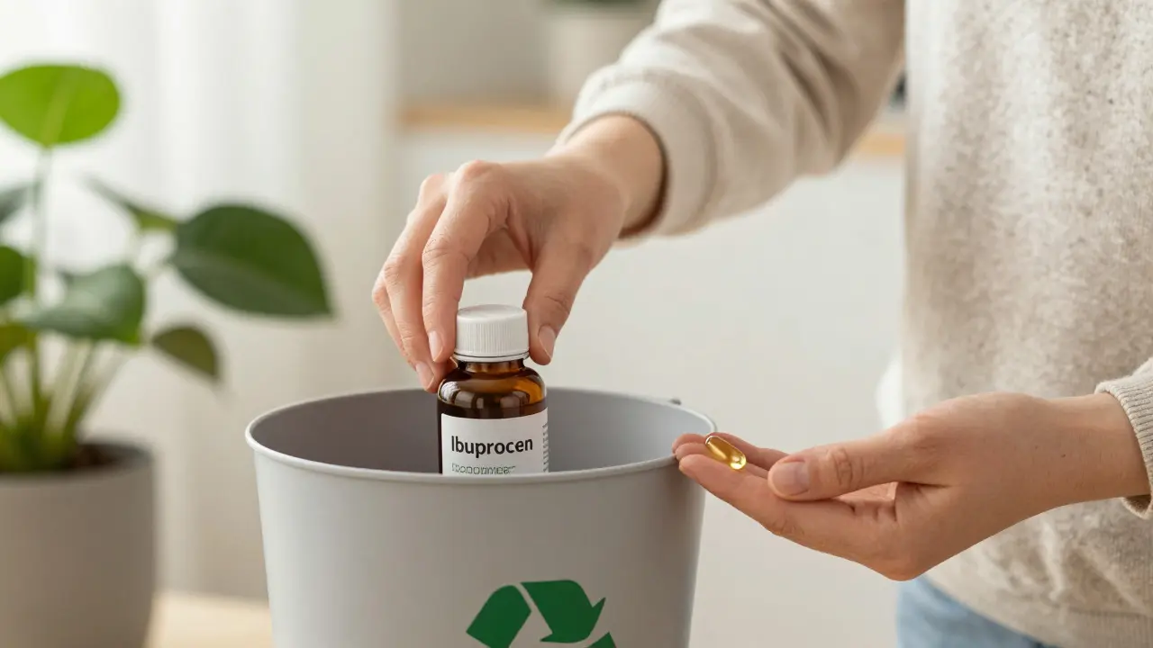 Person stellt Ibuprofen in den Müll und hält eine CBD-Kapsel, symbolisch für den Austausch der Medikamente.