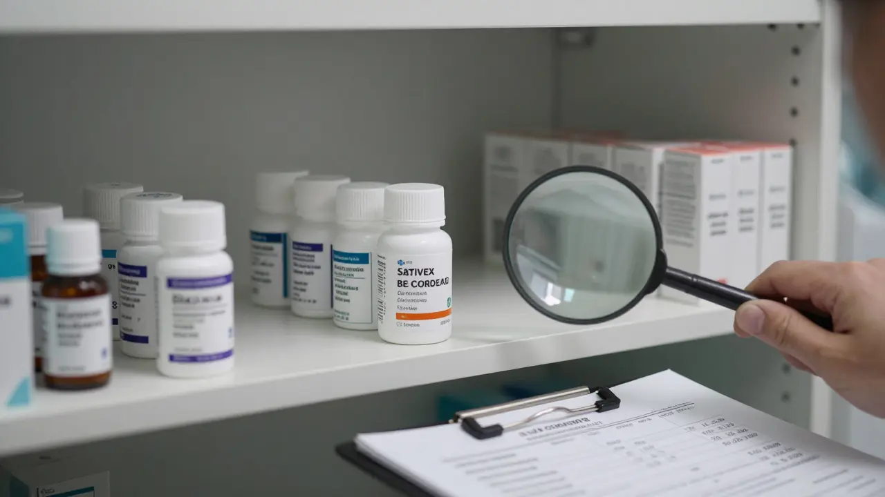 Pharmazeutische Cannabisprodukte auf einer deutschen Apothekenregal, mit Laborbericht und Lupe.