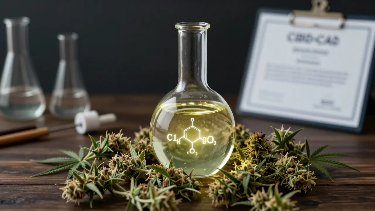 Reines CBD-Öl in einem Glasfläschchen über Hanfblüten, mit schwebenden Molekülstrukturen und Laborequipment im Hintergrund.