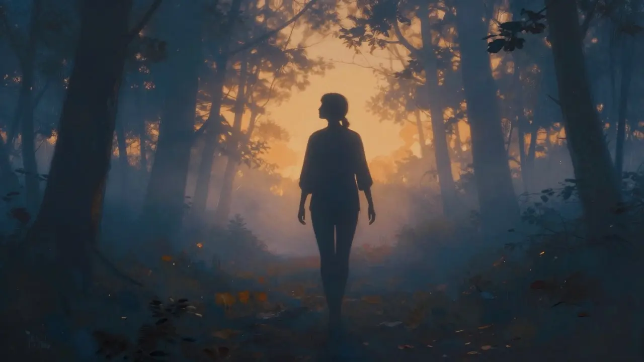 Silhouette einer Person wandert friedlich durch einen dämmrigen Wald, sanftes Licht und Nebel umgeben sie.