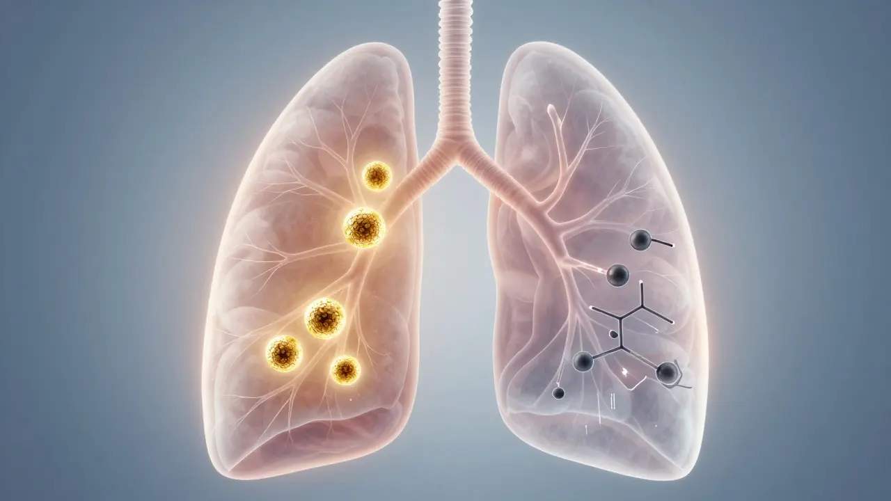 Transluzente Lunge mit harmlosem CBD auf einer Seite und schädlichen Chemikalien auf der anderen.