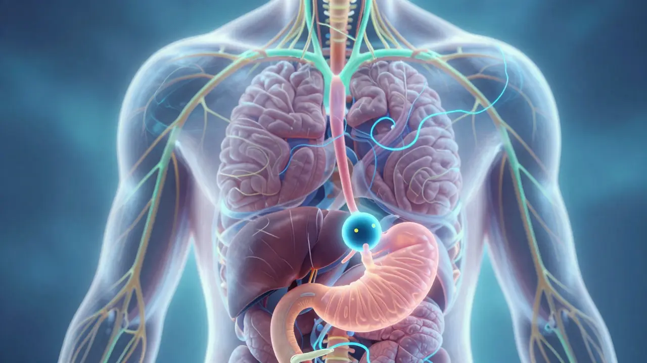 Transluzentes menschliches Körpermodell mit leuchtendem Endocannabinoïd-System und CBD-Molekül im Verdauungstrakt.