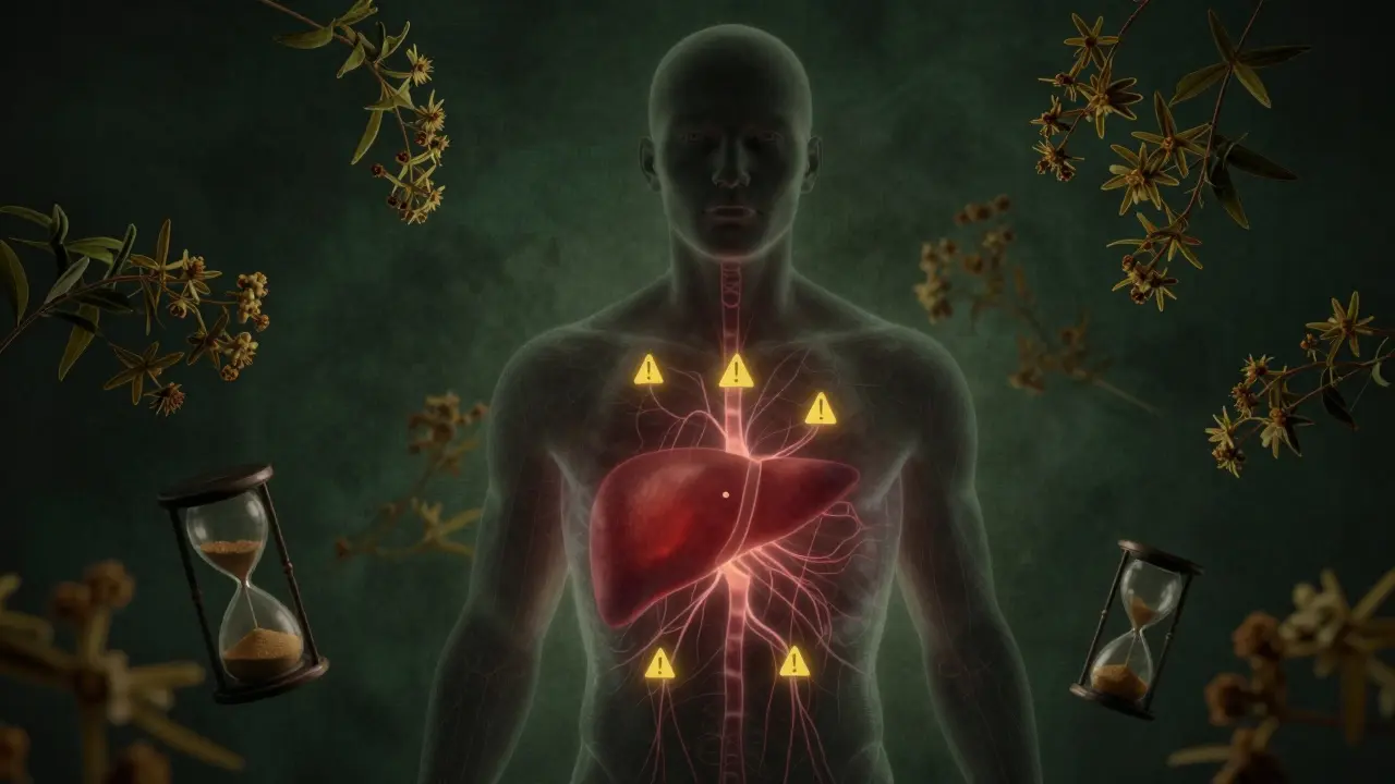 Transparenzdarstellung einer Leber mit Nervenreaktionen und Wermutblättern in schematischer Form.