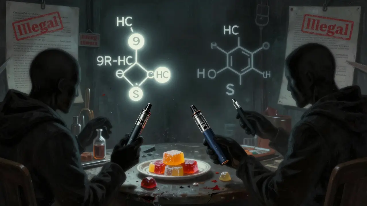 Unregulierter Markt für HHC-Produkte mit isomerischen Molekülen und rechtlichen Warnhinweisen.