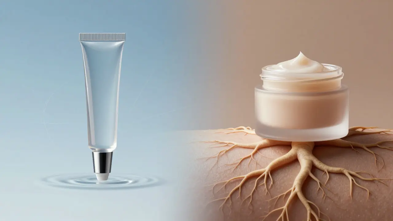 Vergleich: CBD-Gel für schnelle Linderung und CBD-Creme für tiefe Hautpflege, stilisierte Darstellung.