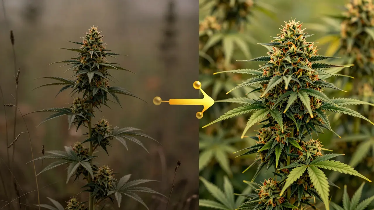 Vergleich zweier Hanfpflanzen: eine mit niedrigem CBD-Gehalt und eine mit hohem CBD-Gehalt und leuchtenden Blüten.