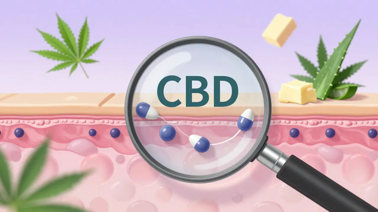 Vergrößerte Darstellung der Hautbarriere, die CBD-Moleküle aufnimmt, mit pflanzlichen Elementen.